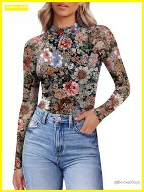 Women's Long Sleeve Sheer Mesh Lace Blouse Mock Neck Slim Fit Top
